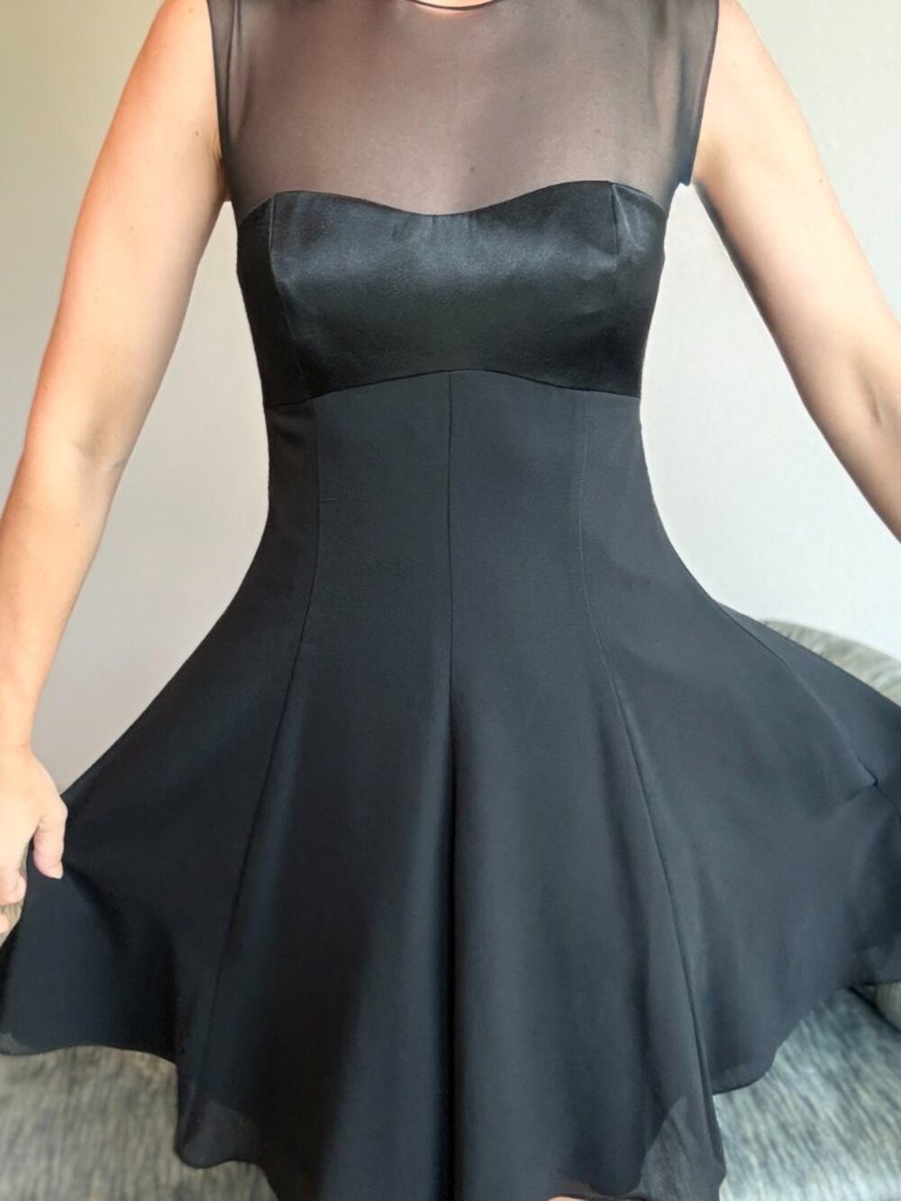 💝SOLD💝 Vintage Black Cocktail Dress Sheer Open Back Fit Flare 2 Chiffon - Picture 9 of 12